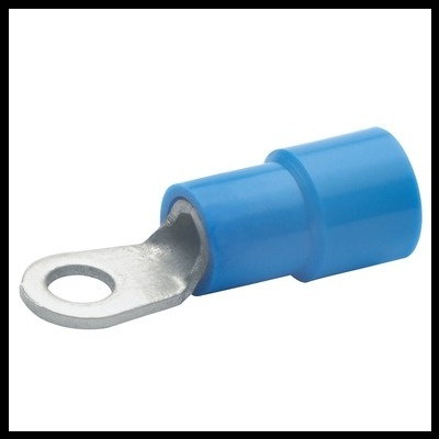 Terminal elétrico tipo olhal com isolação azul e parte metálica prateada