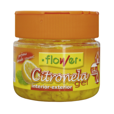 frasco de gel de citronela com tampa laranja e etiqueta amarela da marca Flower