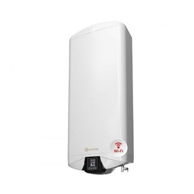 Aquecedor de água branco com painel digital e símbolo Wi-Fi