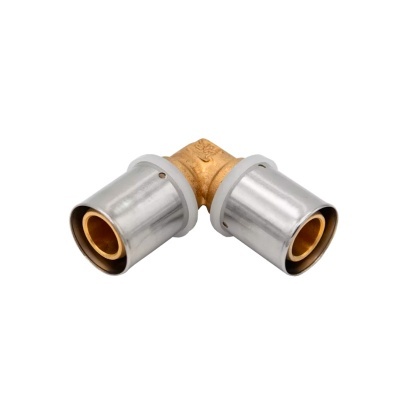 Conector em cotovelo metálico prateado com interiores dourados