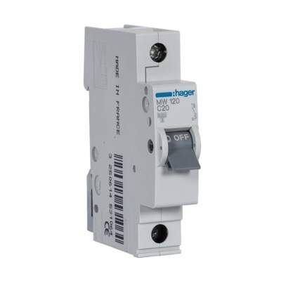 Disjuntor unipolar Hager MW 120 C20 branco com alavanca cinza