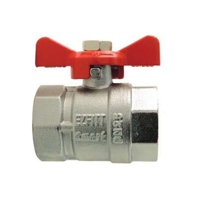 Válvula esférica metálica com manípulo vermelho em fundo branco