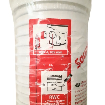 Mangueira flexível branca com etiquetas técnicas vermelhas e brancas