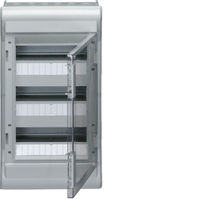 Caixa elétrica de distribuição cinza com porta transparente aberta