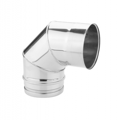 Conector de tubo metálico prateado com ângulo de 90 graus