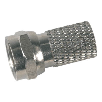 Conector coaxial metálico prateado com rosca e superfície texturizada