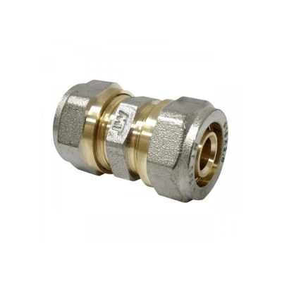 Conector metálico para tubos com acabamento prateado e dourado
