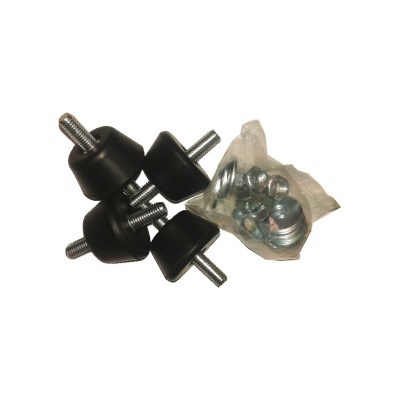 Quatro pés de borracha pretos com porcas roscadas e saco com acessórios metálicos.