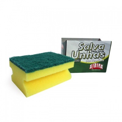 Esponja amarela com parte abrasiva verde ao lado da embalagem de papel