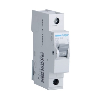 Disjuntor branco Hager MW 110 C10 com interruptor ON e texto lateral