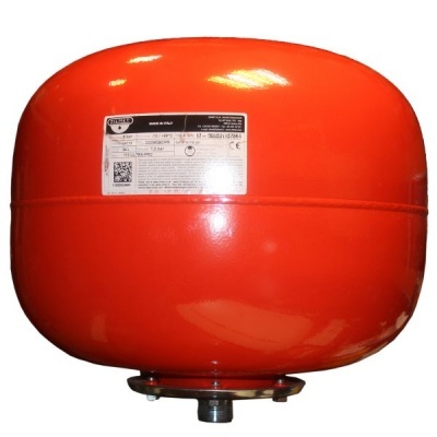 Vaso de expansão metálico laranja com etiqueta técnica branca