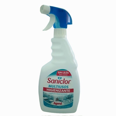 Frasco spray branco e azul de produto de limpeza Sanitizador Multiusos Higienizante da Agerul