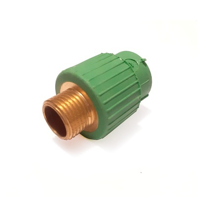 Conector de tubagem metálico dourado com corpo plástico verde canelado