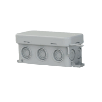 Caixa de derivação elétrica cinza com três entradas circulares na lateral e tampa retangular