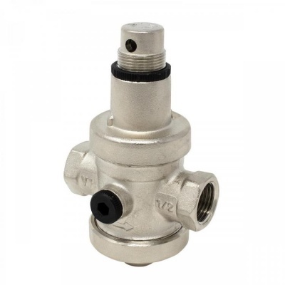 Válvula reguladora de pressão metálica prateada com três entradas roscadas