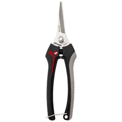 Tesoura de precisão com lâminas metálicas, corpo preto com detalhes cinza e vermelho