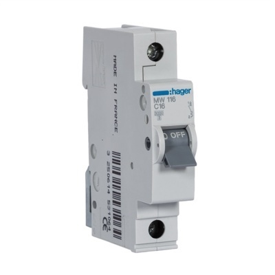 Disjuntor Hager MW116 C16 cinzento com alavanca cinzenta e texto azul e preto