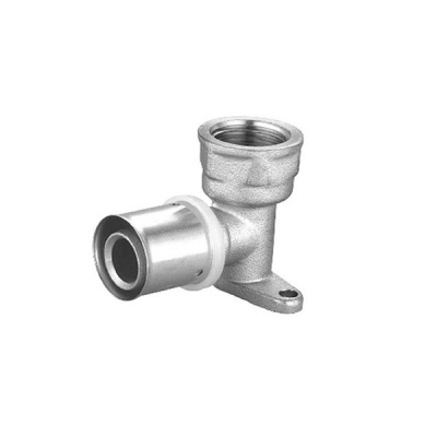 Conector metálico em forma de T com rosca interna e base para fixação