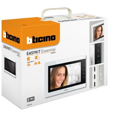 Caixa do monitor b ticino EASYKIT Essential com imagem de mulher sorridente e ícones de casa e campainha