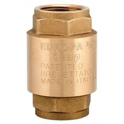 Válvula de retenção dourada em metal com inscrições e acabamento texturizado