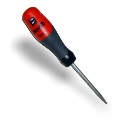 Chave de fendas com cabo vermelho e preto e haste metálica