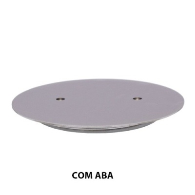 Placa redonda cinzenta com dois furos e texto 