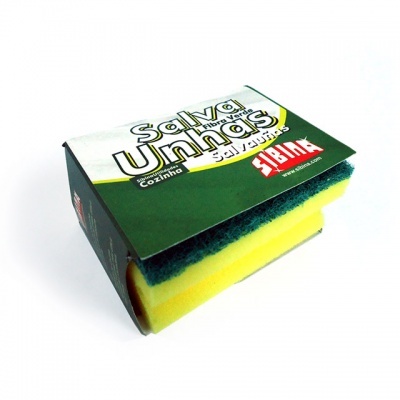 Esponja amarela com parte verde abrasiva e embalagem com texto Salva Unhas