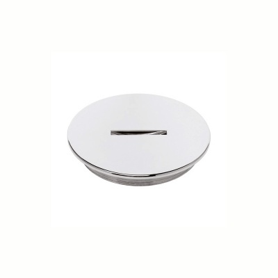 Tampa redonda em metal cromado com uma fenda central