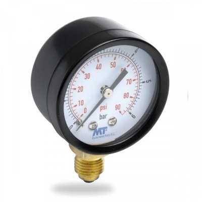 Manómetro preto com mostrador branco e escala psi/bar.