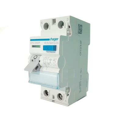 Disjuntor diferencial Hager branco com detalhes azuis e alavanca cinza