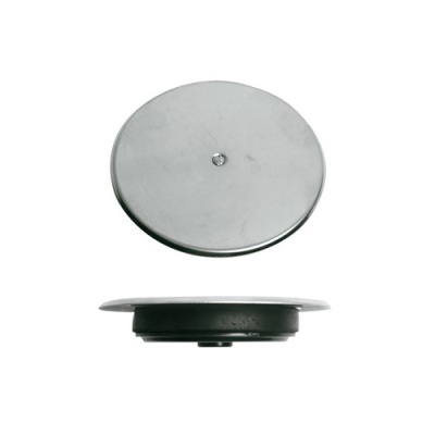 Duas tampas redondas metálicas prateadas foscas, uma vista de frente e outra de lado