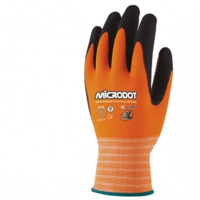 Luva de trabalho Microdot laranja com preto, tamanho 9, detalhes e texto visíveis