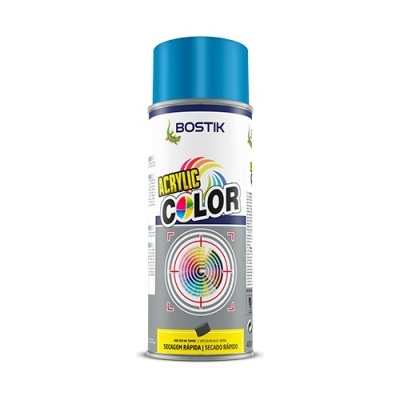 Spray de tinta acrílica Bostik com tampa azul e rótulo colorido