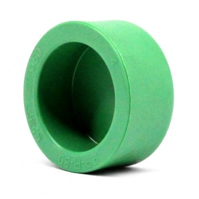 Tampão verde em PVC cilíndrico com texto em relevo na lateral