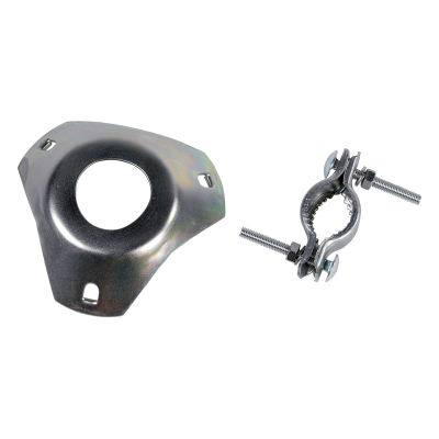 Suporte metálico circular prateado e braçadeira metálica com parafusos