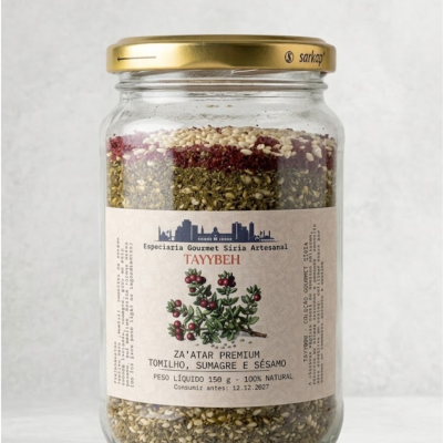 Frasco de tempero Zaatar premium com rótulo e tampa dourada