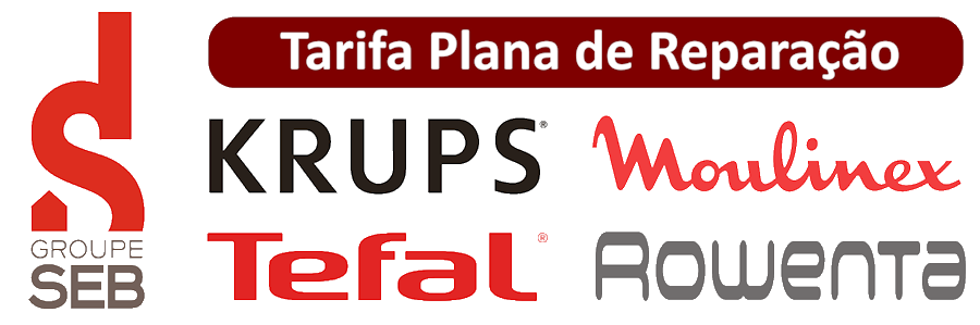 Logos das marcas KRUPS, Moulinex, Tefal e Rowenta com texto Tarifa Plana de Reparação e logotipo do grupo SEB
