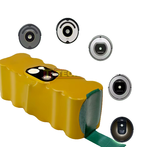 Bateria iRobot Roomba 600 Bateria amarela com fita verde e cinco robôs aspiradores circulares Roomba com textos de séries.