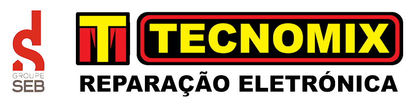Logótipos e texto SEB GROUPE, TT TECNOMIX, REPARAÇÃO ELETRÓNICA em fundo preto