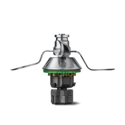 Bico pulverizador metálico prateado com base preta e braços laterais curvados