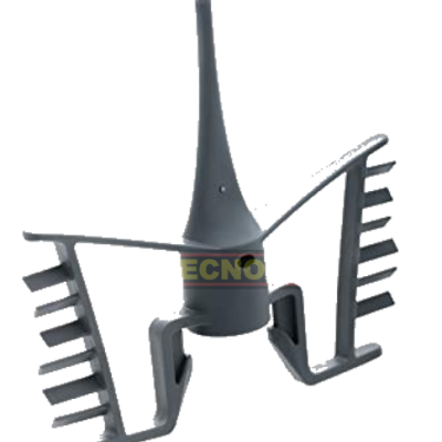 Objeto metálico cinzento com estrutura cónica e pás dentadas laterais