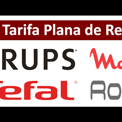 Logos das marcas KRUPS, Moulinex, Tefal e Rowenta com texto Tarifa Plana de Reparação e logotipo do grupo SEB