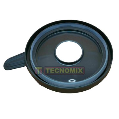 Tampa redonda preta com orifício e marca TECNOMIX