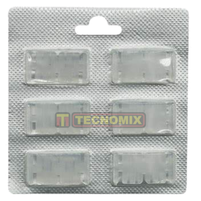 Embalagem com seis fusíveis transparentes quadrados em blister branco