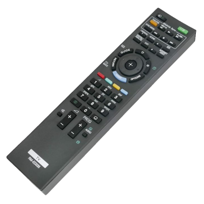Comando remoto preto para TV com botões coloridos e texto visível