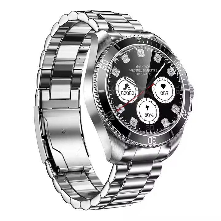 SmartWatch Fendior R1 Relógio de pulso metálico com mostrador preto e marcadores em diamante