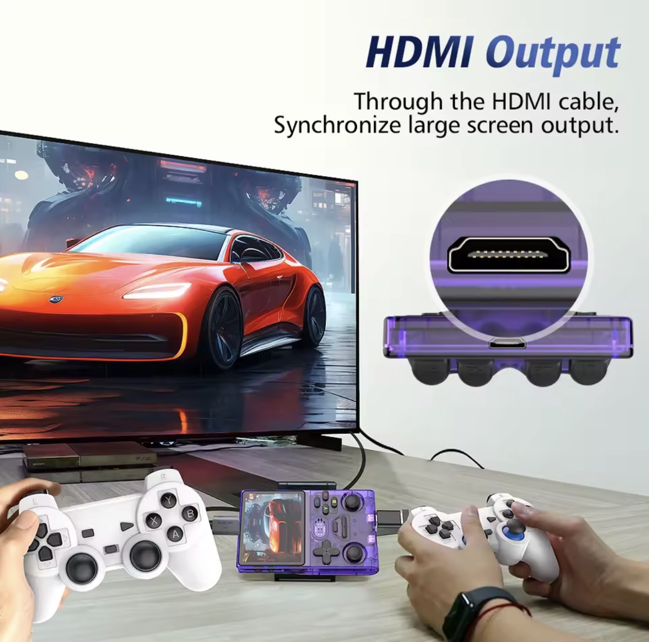 Consola Retro M18 Pro – Jogos Clássicos em Alta Definição Sistema de jogos portátil transparente roxo a mostrar videojogo, ligado a dois comandos brancos e televisão, texto HDMI Output no fundo branco