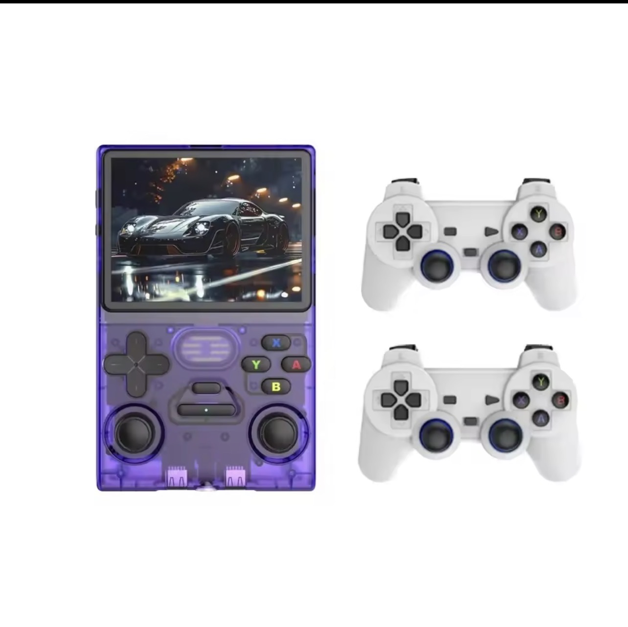 Consola Retro M18 Pro – Jogos Clássicos em Alta Definição Consola portátil roxa e dois comandos brancos para videojogos