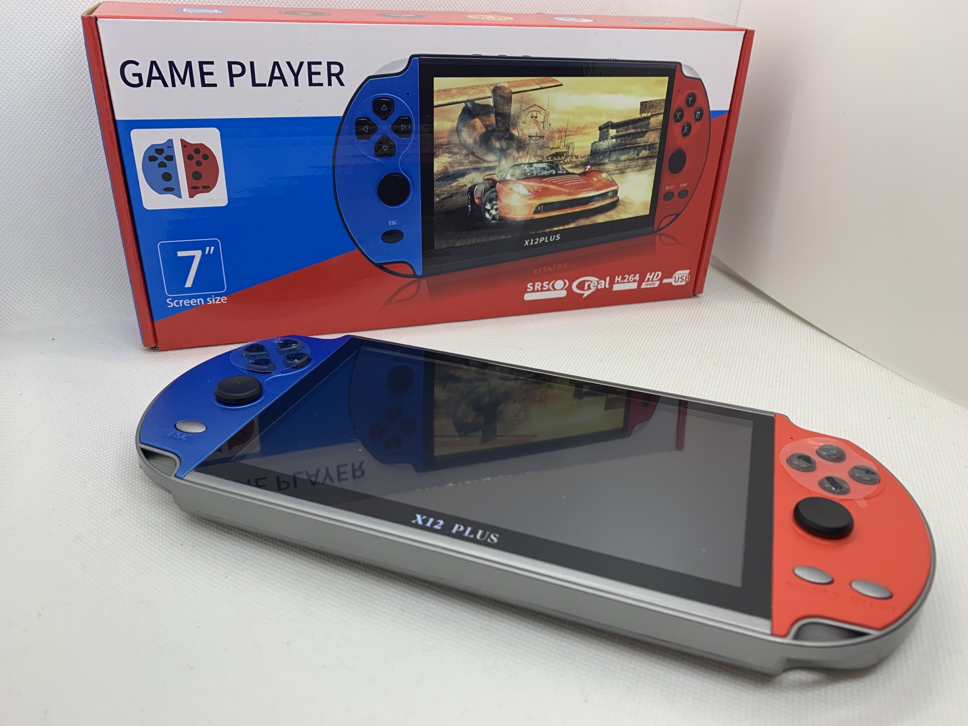 Consola Retro X12 Plus Consola de jogo portátil X12 PLUS com botões em azul e vermelho e caixa colorida