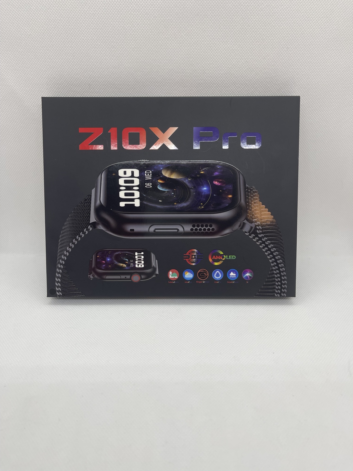 Smartwatch Z10X Pro Caixa preta do relógio inteligente Z10X Pro com imagem do relógio e texto colorido